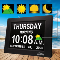 【Original Color Sun/Moon】 5 Senses - 8” Digital Calendar, Clock with Day and Date for Elderly, Day Clock, Digital Clock with Date and Day of Week, Large Digital Clock, Dementia Clock, Wall Clock BK