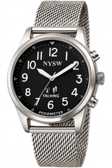 NYSW Men’s Atomic Time Sync Analog Pedometer Watch, Walking Step Counter, Calories & Miles, American Voice Announces Time